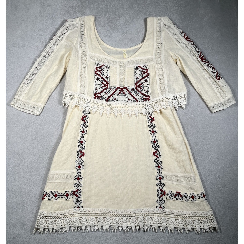Free People Twice as Nice‎ Dress Size M Tea Combo Red/Black Crochet Trim